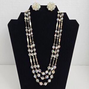 Vintage West Germany Iridescent Bead 3 Strand Necklace Cluster Clip Earring Set